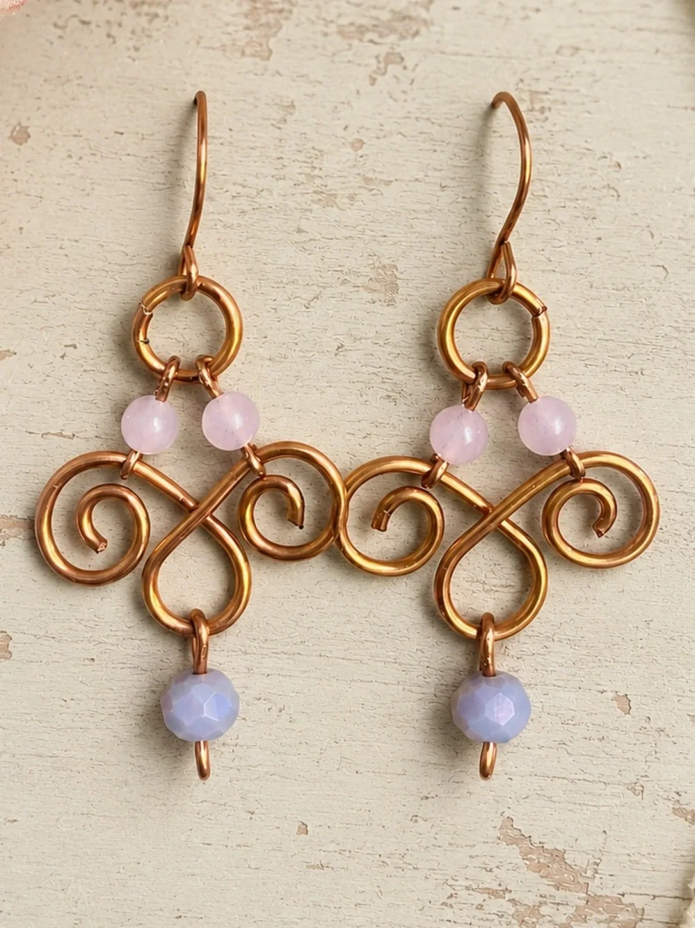 Hand Crafted Copper Swirl Earrings with Lavender and Pink Beads
